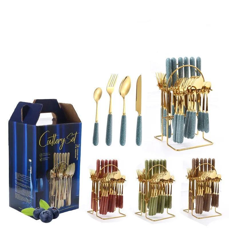 24 pcs gold and silverware cutlery set with stand stainless steel cutlery set mirror polished can be used for dishwasher