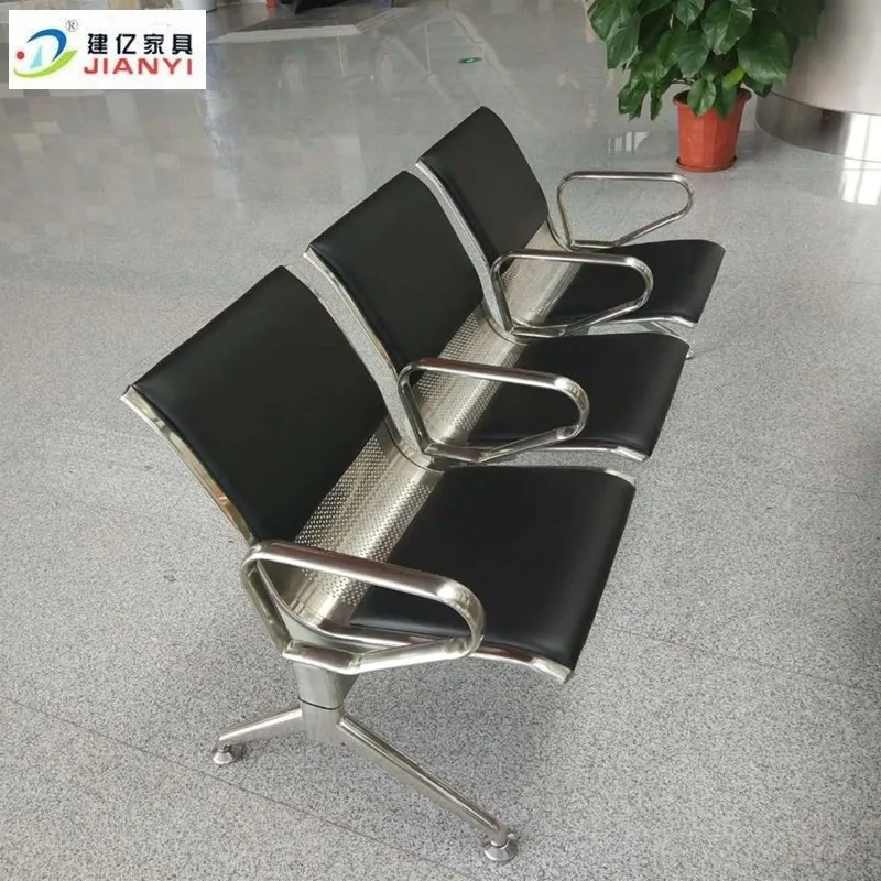 Stainless steel three-seat seats with artificial leather cushions at airports, Bus stop chairs and waiting chairs in hospitals