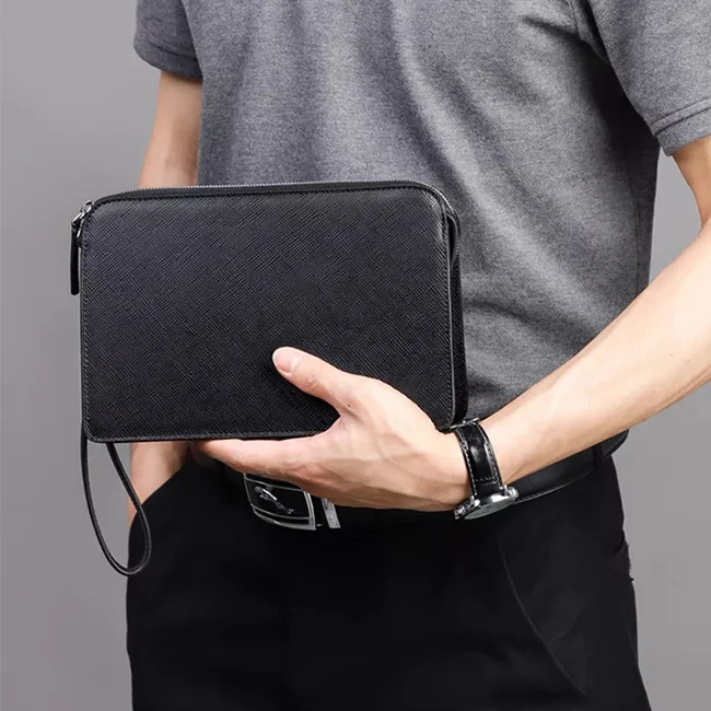 Factory Custom Genuine Leather Clutch Wallet Men Portable Business Bank Card Purse Fashion Black Zipper Clutch Bag for Men