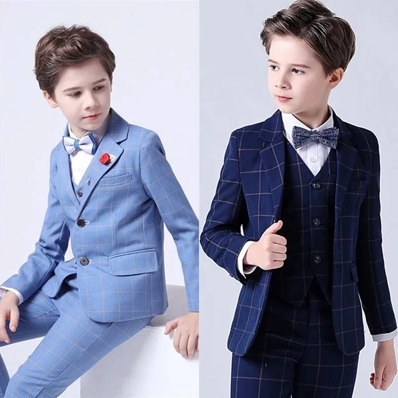 2022 Spring Autumn High Quality Teen Clothing Suits Party Wear Long Sleeve Plaid Blazers Vest Tie Trousers 4PCS Boys Dress Suit