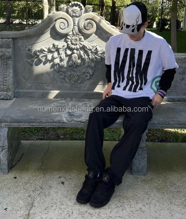 Dongguan manufacturers for customs clothes white graphic drop shoulder t-shirts screen print double layered long sleeve t shirt