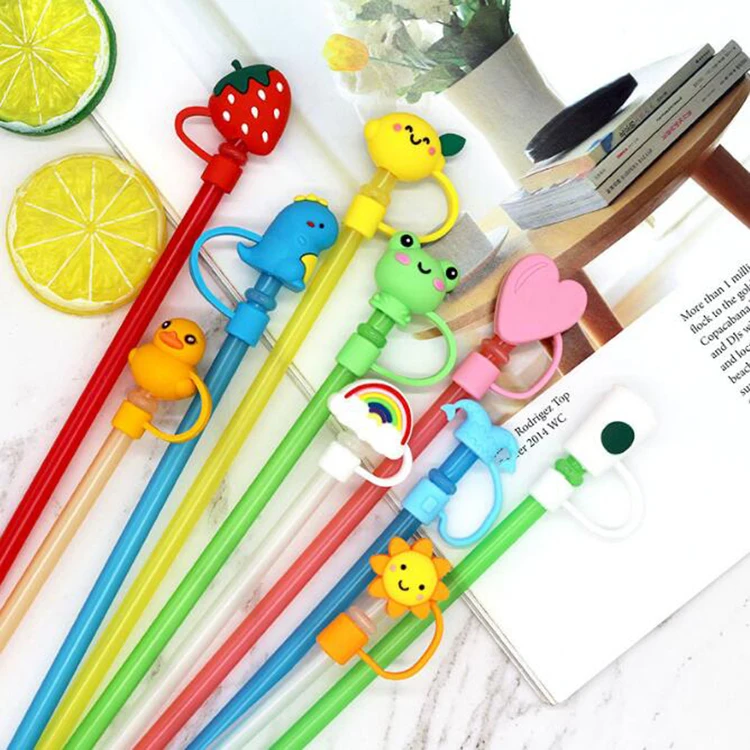 Wholesale animal Reusable Metal Straws Tips Toppers Covers cartoon Silicone Drinking Straw topper charms