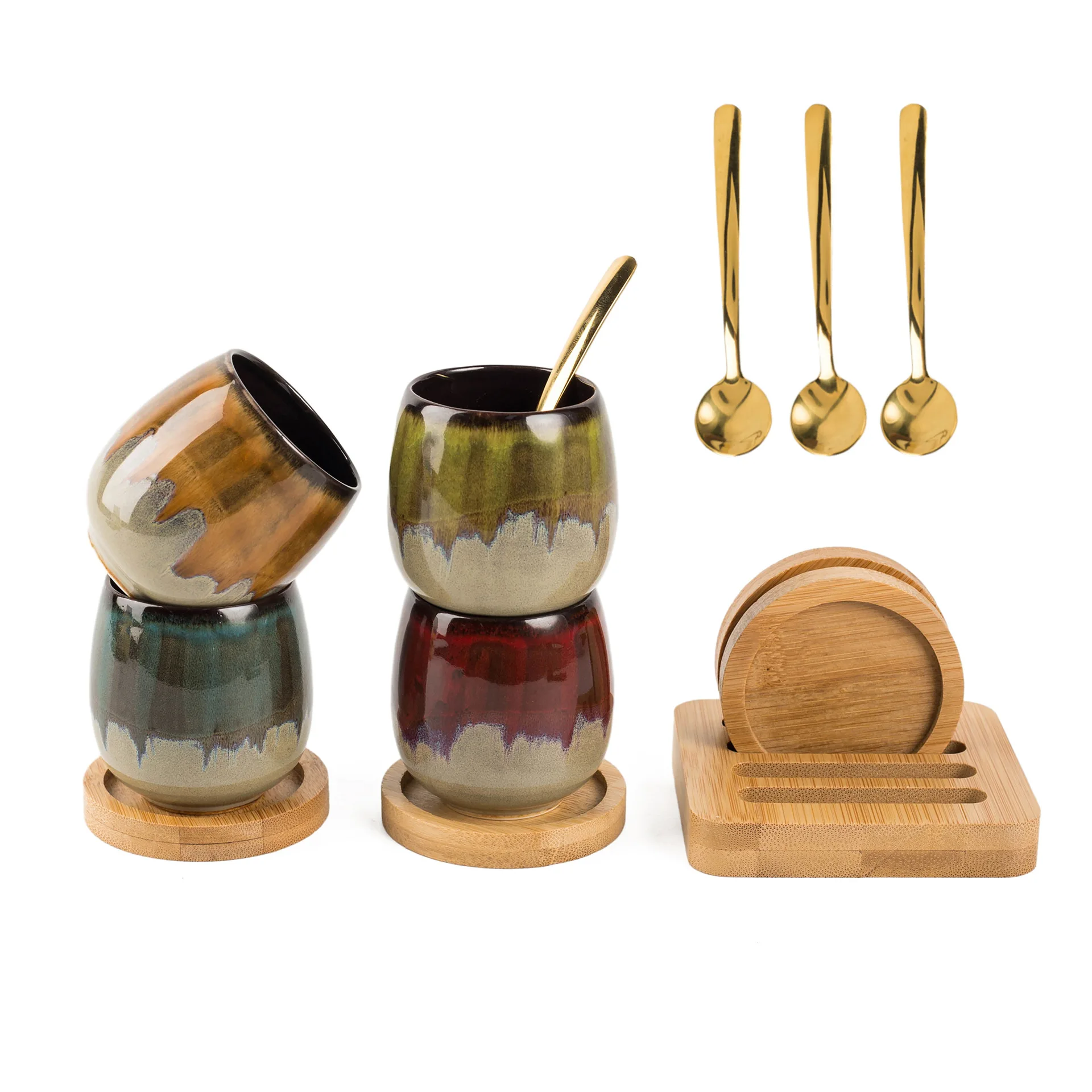 Handmade Vintage Chinese Style Four-Piece Ceramic Tumbler Set Gold Plated Kung Fu Tea Cup with Gift Box for Master & Friends