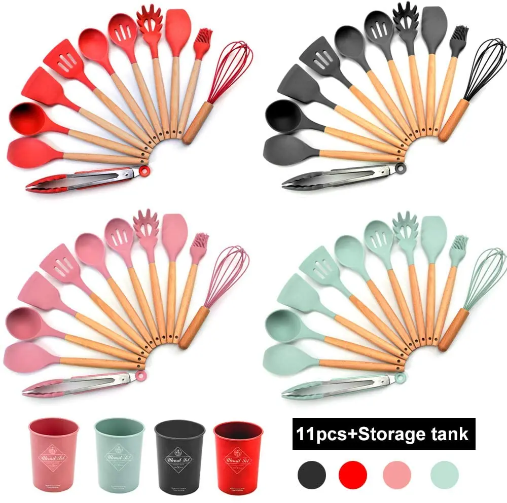 Reusable Adaptive Silicon Cooking Skimmer Stainless Steel Wood Tools Camping 12 Pcs Silicone Kitchen Utensil Set