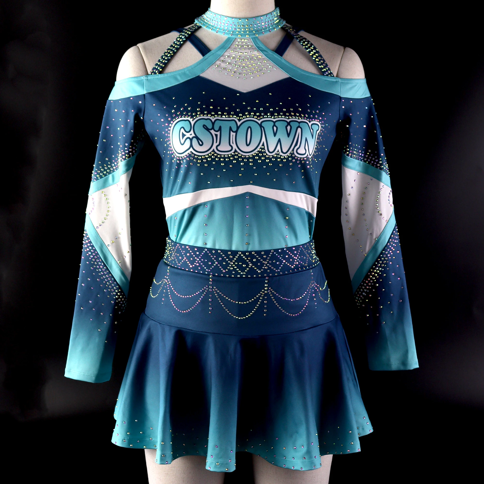 Wholesale Cheerleader Rhinestone Uniforms Cheerleader Outfit Teal