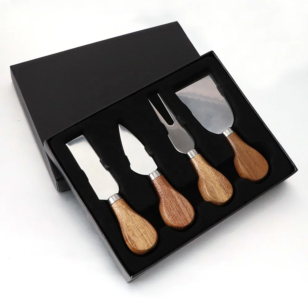 Premium 4 Pieces Cheese Knife with Gift Box and Acacia  Wood Handle Set Steel Stainless Cheese Cutter Collection