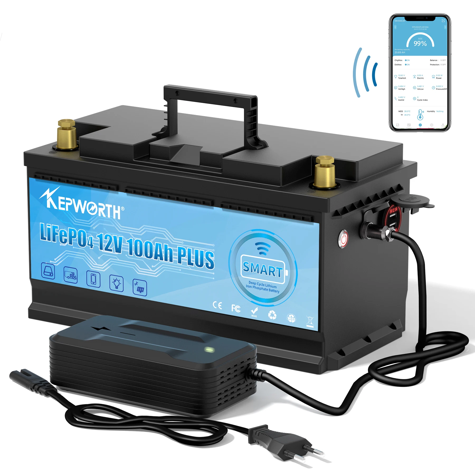 EU stock Kepworth 12V 100Ah LiFePO4 Blue tooth Battery Lithium ion Battery with BT Off-Road Off-grid Solar home Energy system