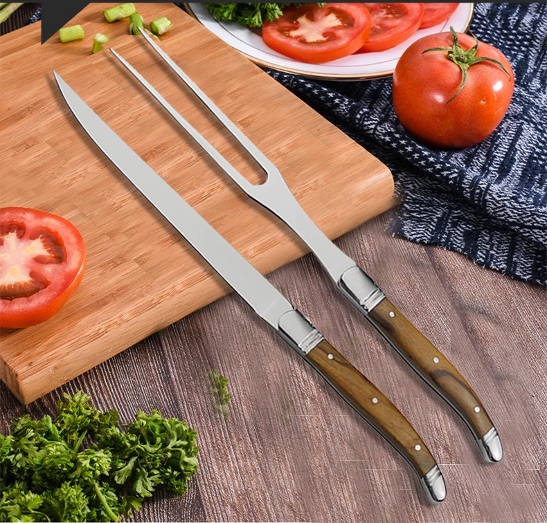 2 Pcs Outdoor Barbeque Slicing Knife Tool Set laguiole carving knife and fork Meat Fork Set  With olive wood