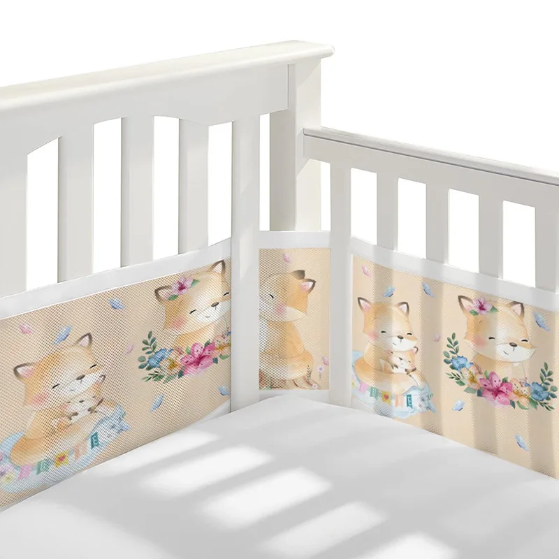 Hot Selling Breathable Air Mesh Fabric Baby rFull-Size Four-Sided Slatted and Solid Back Cribs Printed Mesh crib bumper