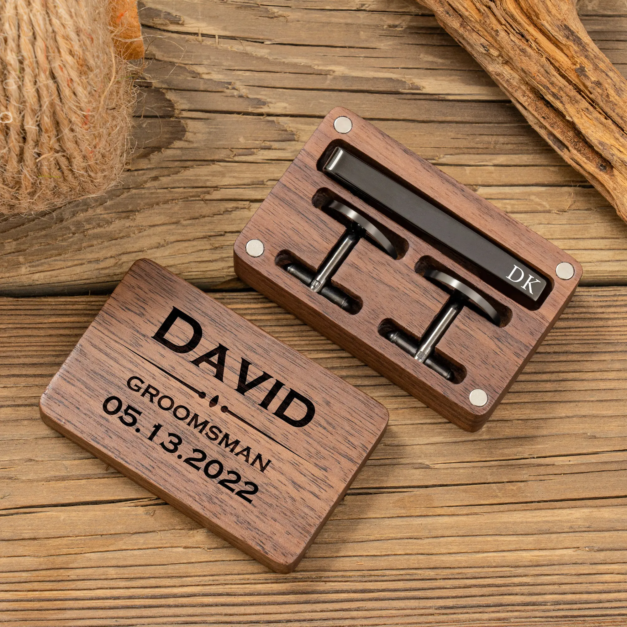 Personalized Wood Craft Wedding Tie Clip Set Best Man & Groomsmen Proposal Gifts for Husband Customized Cufflinks & Wooden Boxes