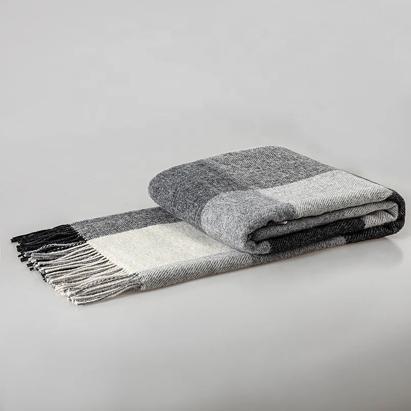 LUXURY SUPER SOFT WARM WOOL ACRYLIC BLEND PLAID THROW WITH FRINGED ENDS