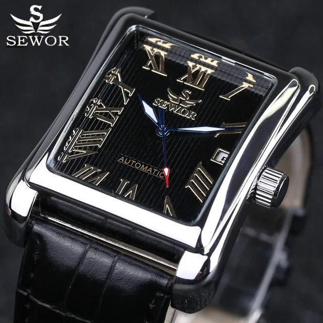New SEWOR 741  Rectangular Men Watches Automatic Mechanical Watch Roman Display Antique Clock