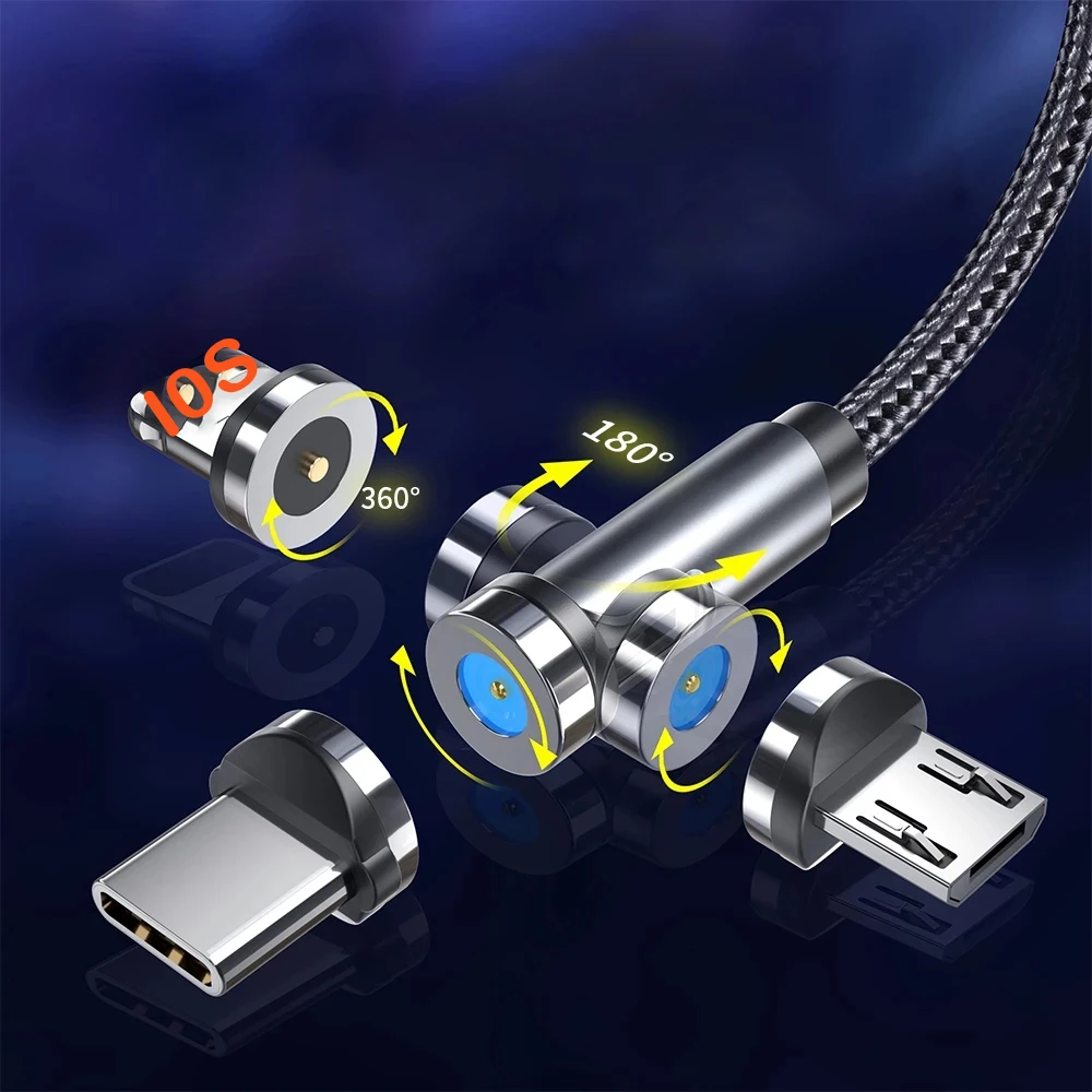 High Quality Nylon 360 540 Degree 3 in 1 Magnetic Multifunction Phone Micro usb Data Charger Cables Type-c 1m 2m Wholesale