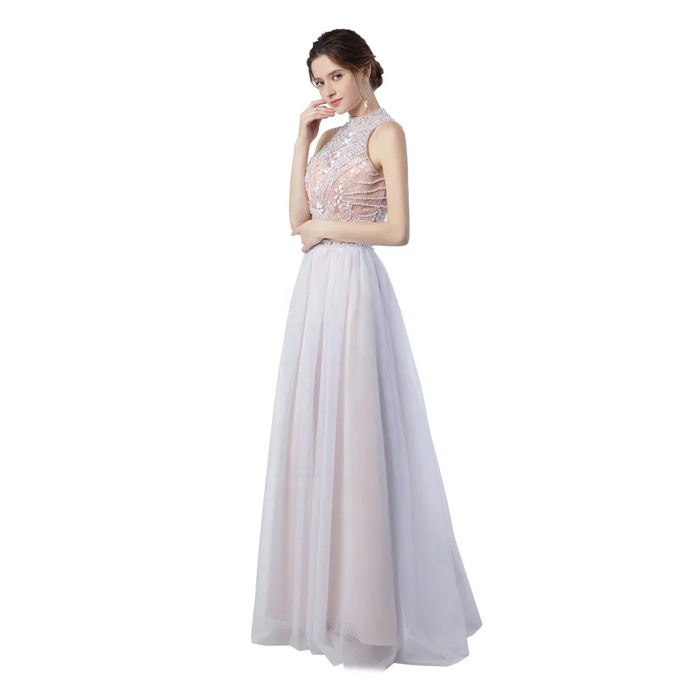 2 in 1 Two Pieces Halter Beaded Prom Evening Dresses Light Pink Tulle See Through Open Back Sexy Prom Evening Formal Gown
