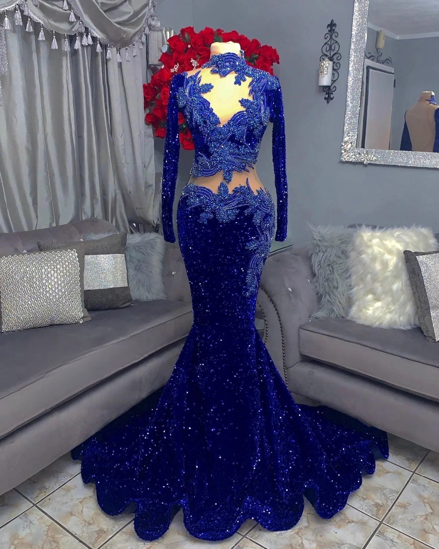 Ocstrade Dropshipping Products 2024 Crystal Beaded Navy Blue Rhinestone Prom Dresses Long Sleeve Sequin Chic Evening Dress