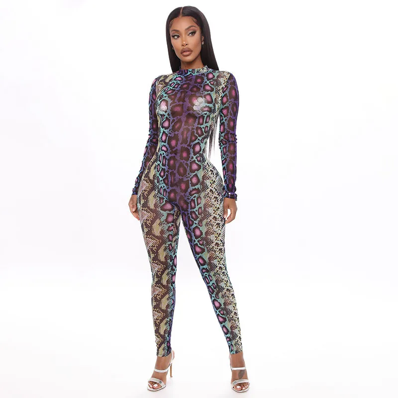 Autumn Sexy Tight Women Fashion Long Sleeves Jumpsuit Snake Printed Ladies One Piece Jumpsuit