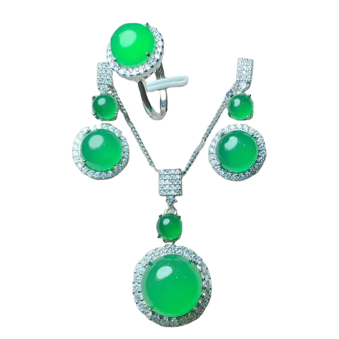 White Copper Wholesale S925 Imprint Inlaid Green Pink Chalcedony Round Egg Pendant Ring Earrings Agate Three-Piece Set