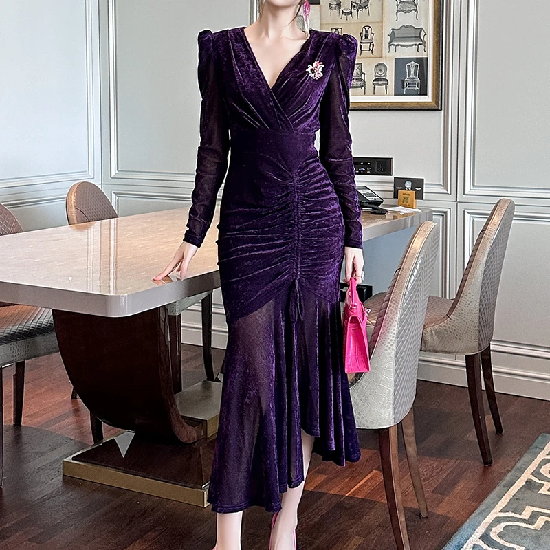 ZYHT 30995 Wholesale Ruched Split Sexy Christmas Gowns For Ladies Evening Dresses Long Sleeve Velvet Pink Women Winter Clothes