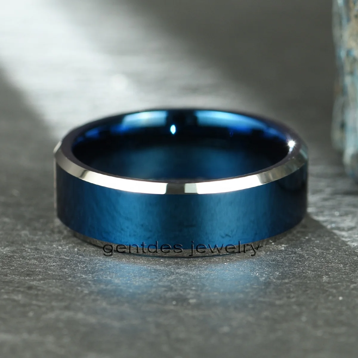 Gentdes Jewelry 8MM Blue&Silver Beveled edge Tungsten Ring Mens Tungsten Wedding Bands Fine Jewelry Rings