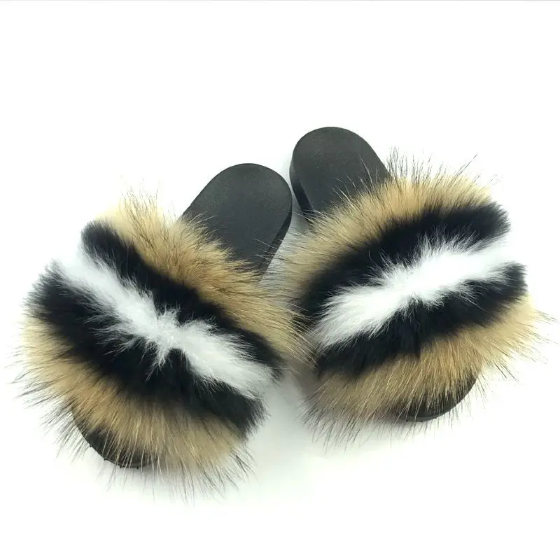 Real Fur Slides Fox Slippers Women Fluffy Slippers Fox Fur Slipper