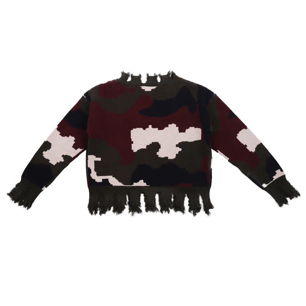 Wholesale New Arrival Mommy and me Fringe Ripped Knitted Camo Distressed Sweater