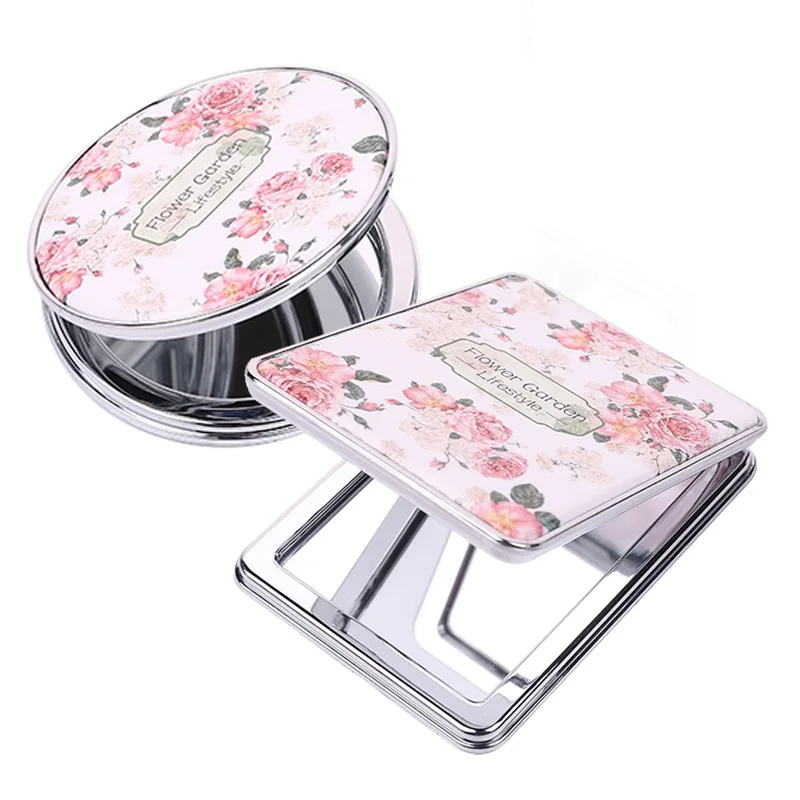 RTS Round Retro Makeup Mirror Pocket Flower Mirror PU Portable Double-Sided Folding Cosmetic Mirror