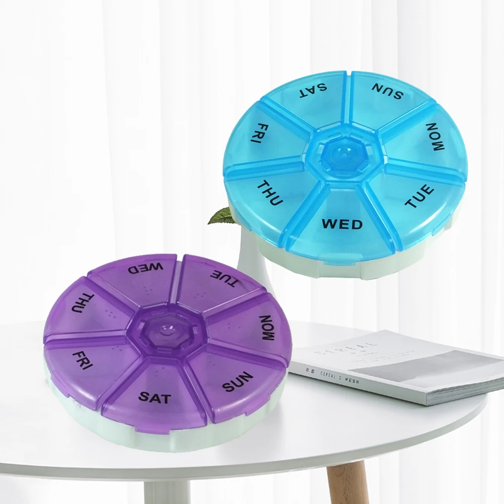 Round 7 Side Pill Box With The Base, Weekly Medicine Organizer, Portable Pill Vitamin Storage Container Dispenser