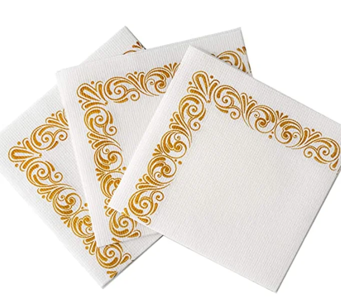 White & Gold Floral airlaid beverage napkins--Disposable Linenlike Fancy Flowered Paper Napkins For Bathroom