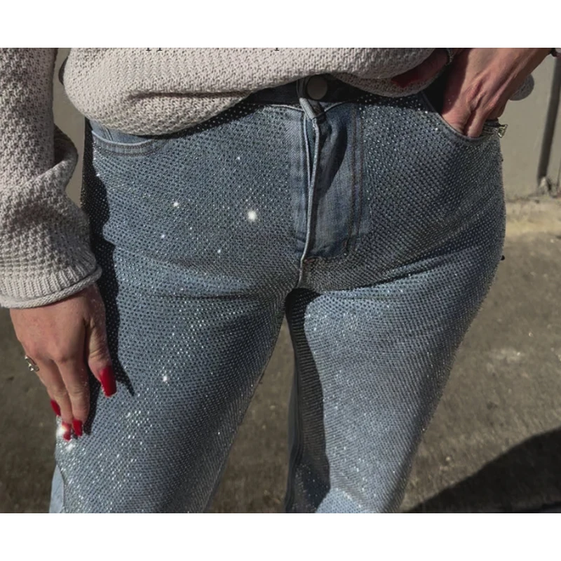 Womens High Rise Glitter Blue Denim Pants Rhinestone Embellished Slim Fit Jeans Front Sparkly Rhinestones Stud Jeans