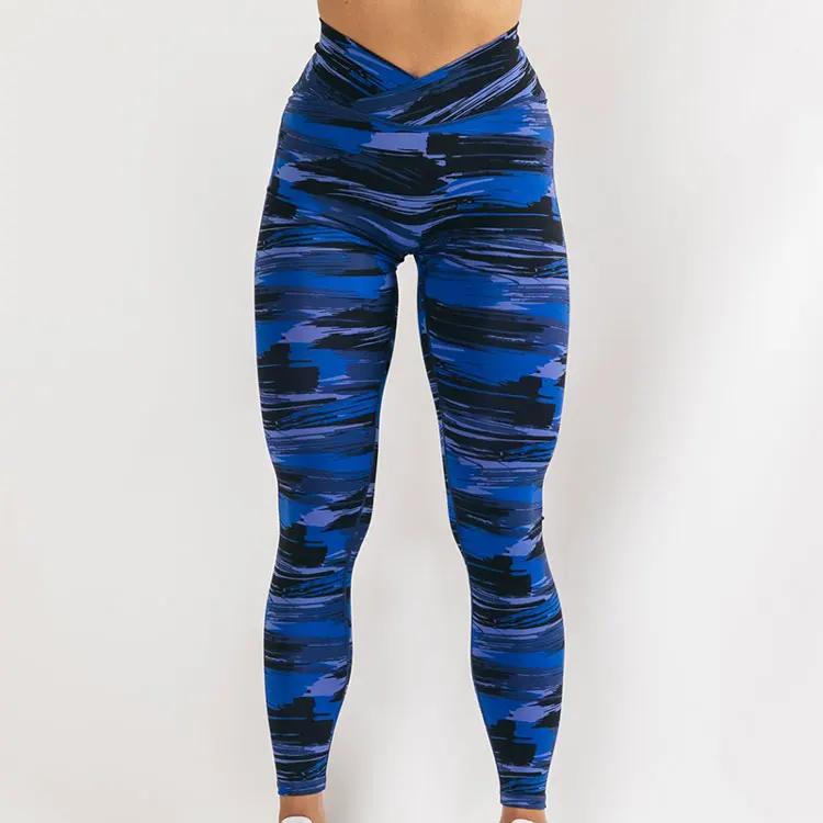 Women v-shape printed gym fitness squat poof yoga wear compression nylon spandex leggings