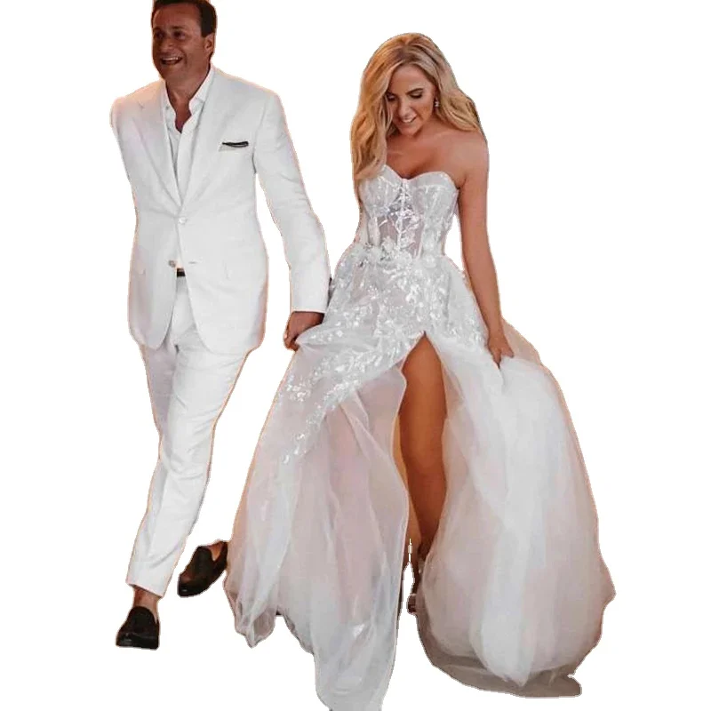 Beach Wedding Dresses Sweetheart Appliques Lace Side Split Princess Wedding Gown Bohemian Bridal Dress Custom Made White