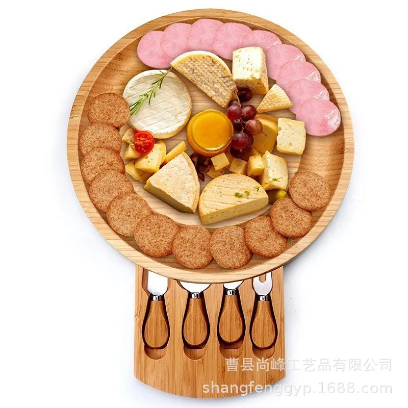 Custom Logo Round Bamboo Cheese Board With Drawer With Stainless Steel Knives Wooden Cheese Board And Knife Set