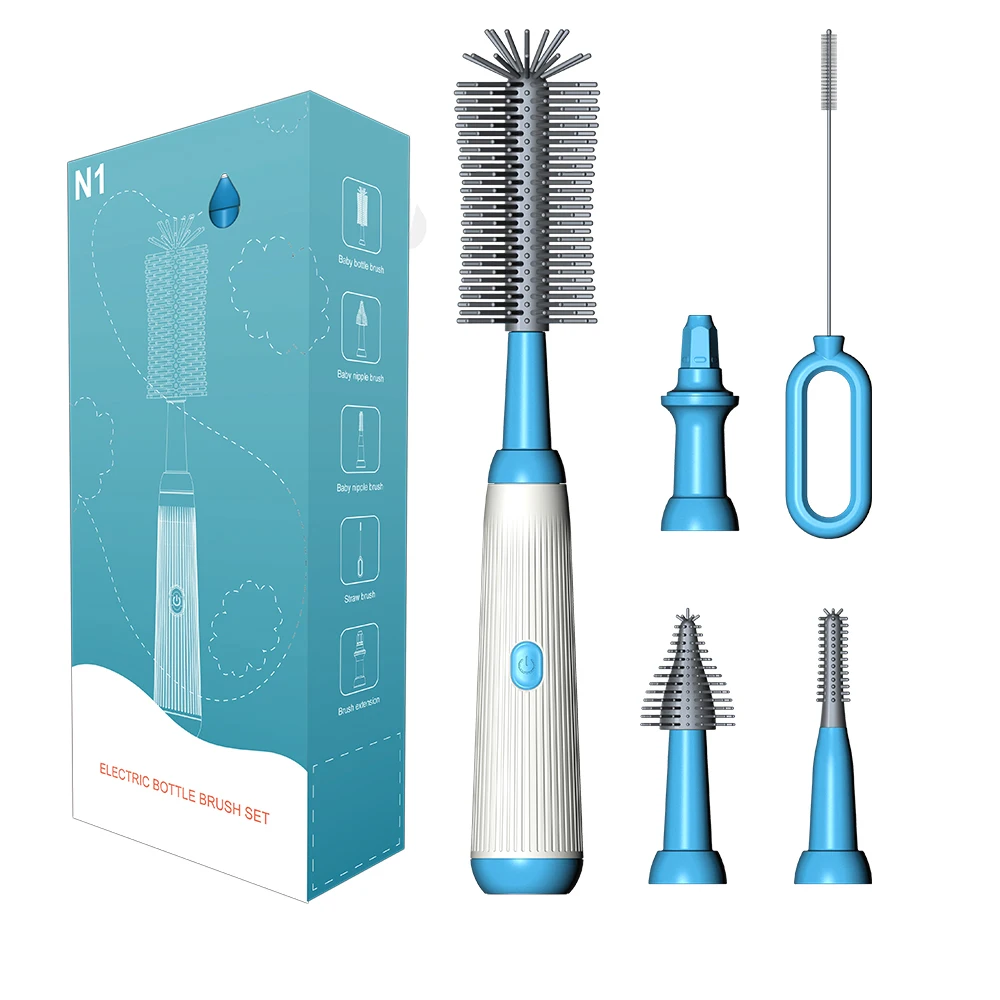 New Arrival 4in1 1500mah Small Travel Infants Baby Multipurpose Silicone Cordless Electric Bottle Cleaning Brush with Extensions