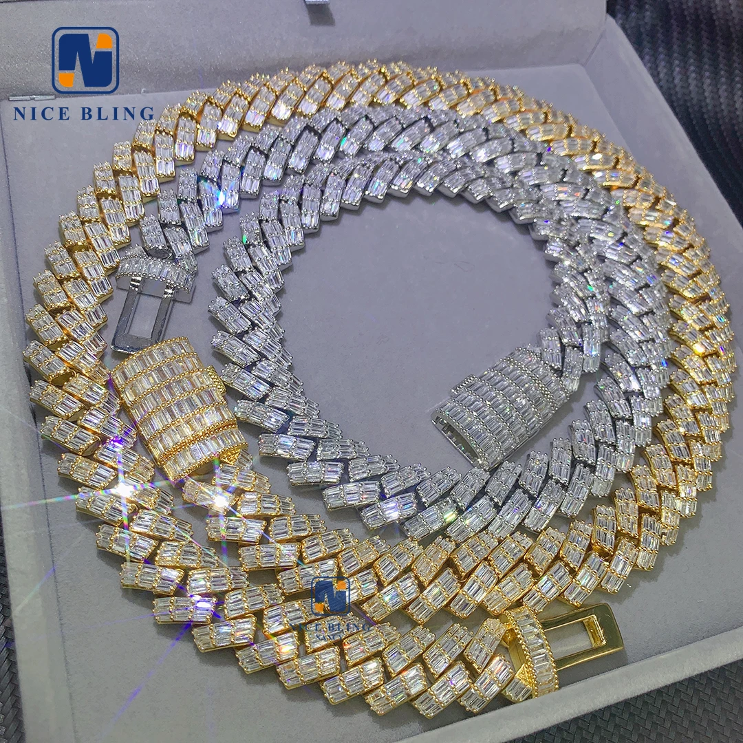 18mm Brass full Baguette CZ stone Fine Jewelry brass iced out Cuban Necklace Hip hop Cuban link chain