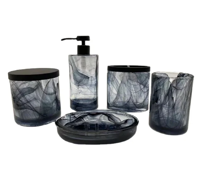 Hot Sale Embossed Black Glass Bathroom Set 4 pcs Glass Bath Sets Soap Dispenser Toothbrush Holder Bathroom Accessories Set