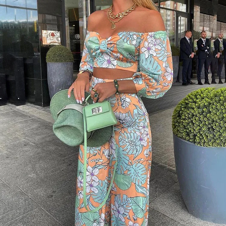 2 Piece Pants Set Fashion Off Shoulder Puff Sleeve Crop tops Blouse With High Waist Print Trousers Women Casual Suits Ladies