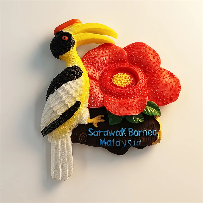 Malaysia Tourist Souvenirs Sabah Big billed Bird National Flower Hibiscus Flower Decorative Resin Crafts Fridge Magnets