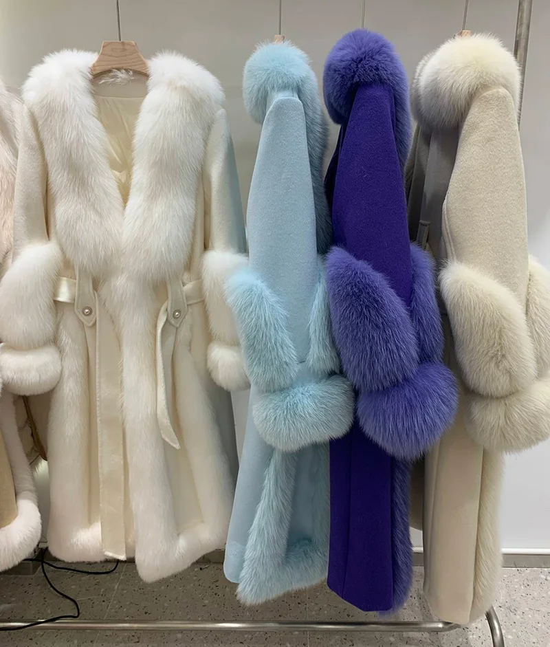 Luxurious Double Faced Wool Coat Real Fox Fur Jacket Winter Women Long Style Down Coat with Fur