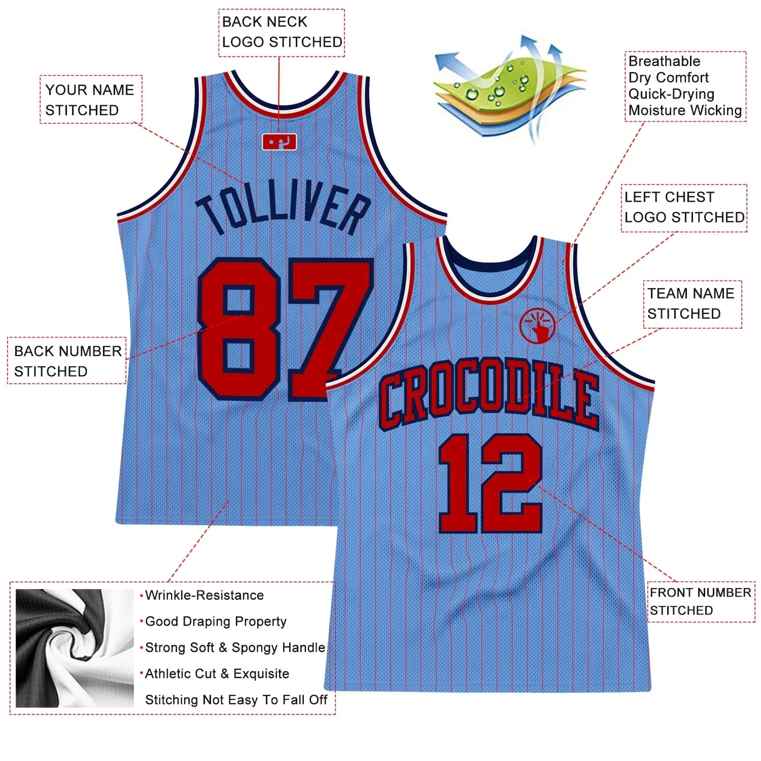 High quality popular Light Blue Red Pinstripe Red-Navy custom basketball jersey