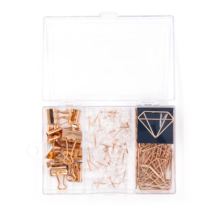 Desk Stationery Set Assorted Rose Golden  Paper Clips Different Sizes and Binder Clip Set