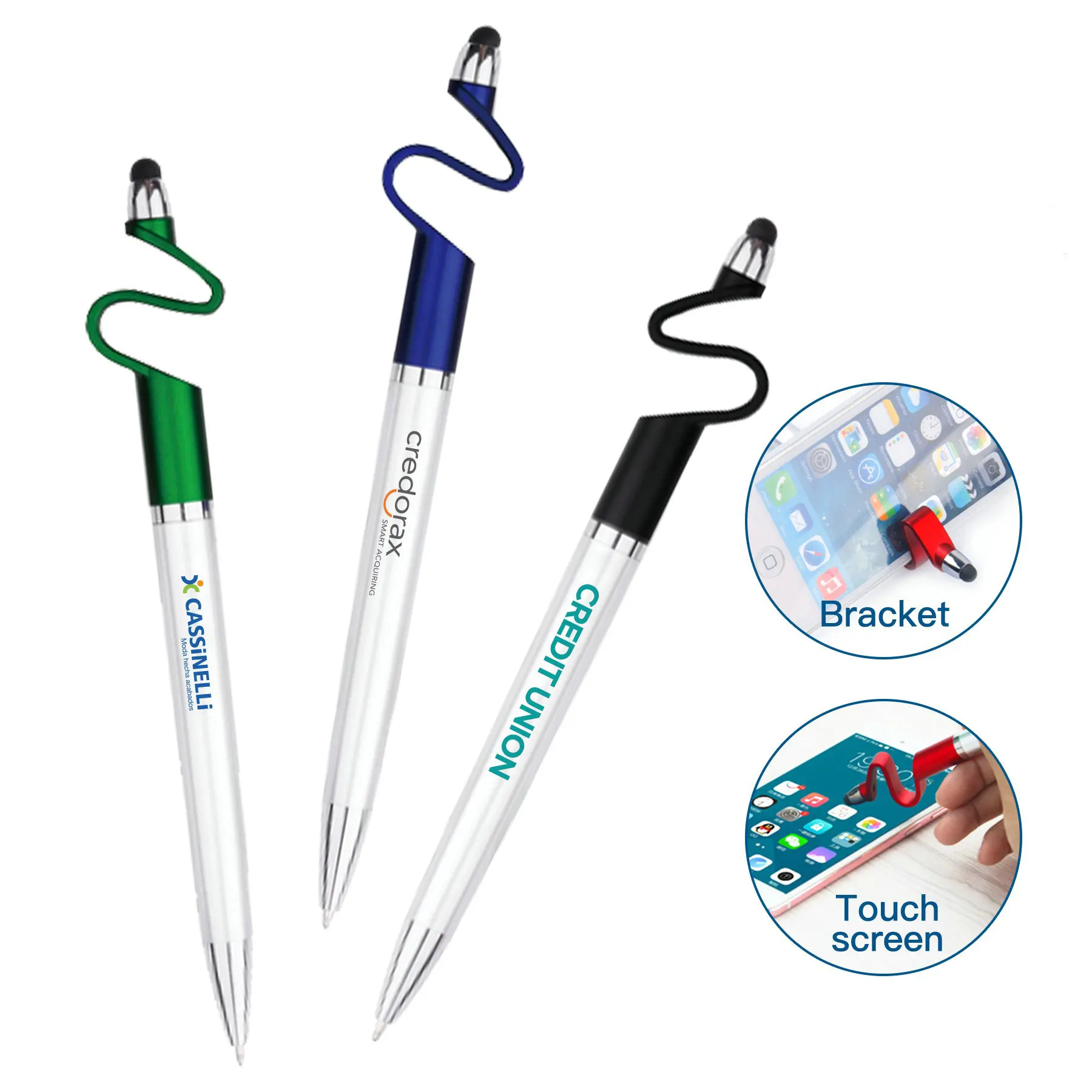 3 in 1 wavy clip multi-fuctional stylus touch screen pen with Mobile stands holder,customized brand logo imprint