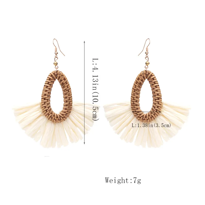 New Korea Bamboo Wooden Straw Weave Rattan Knit Vine Geometric Circle Triangle Long Drop Earrings For Women Girl Beach Jewelry