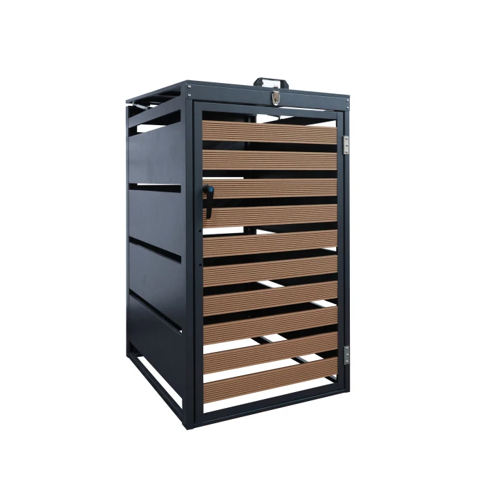 outdoor used furniture customized wooden effects trash bin cabinet 240L steel KD Structure 1 doors garbage bin cover box
