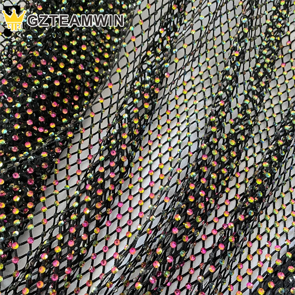 Custom holographic Ss10 Soft Shining Rhinestone Crystal Mesh Fabric Stretch Rhinestones embellished stretch mesh For Dress Tops