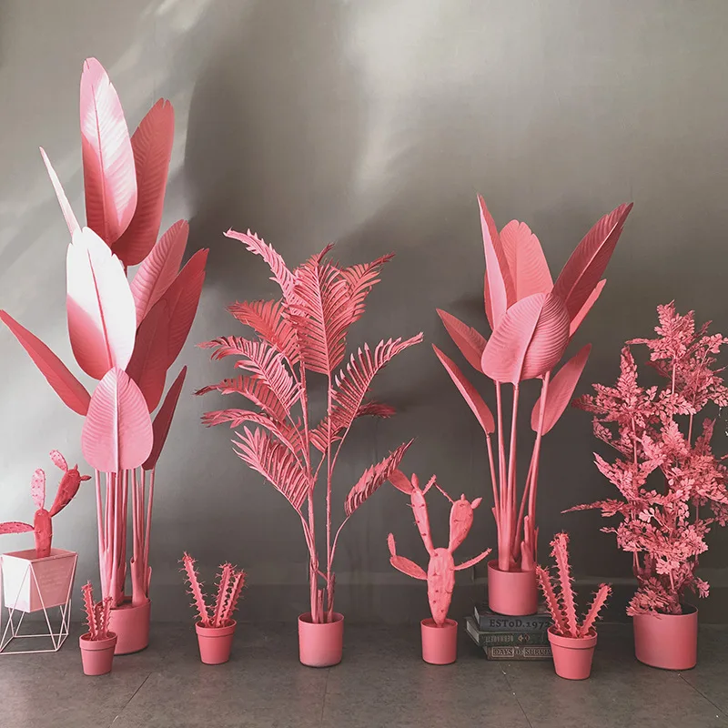 Popular Pink Artificial Banana Bird Plant Green Plant Large Pink Palm Plant Tree For Home And Cafe Shop Decor