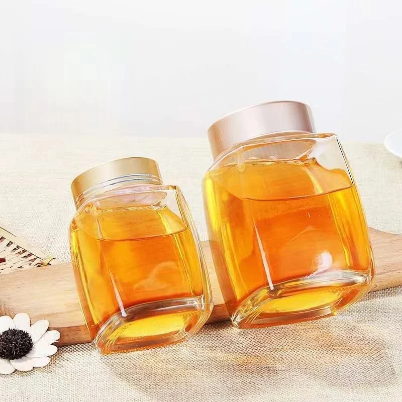 Wholesale square glass honey jar with screw metal lid glass bottle container