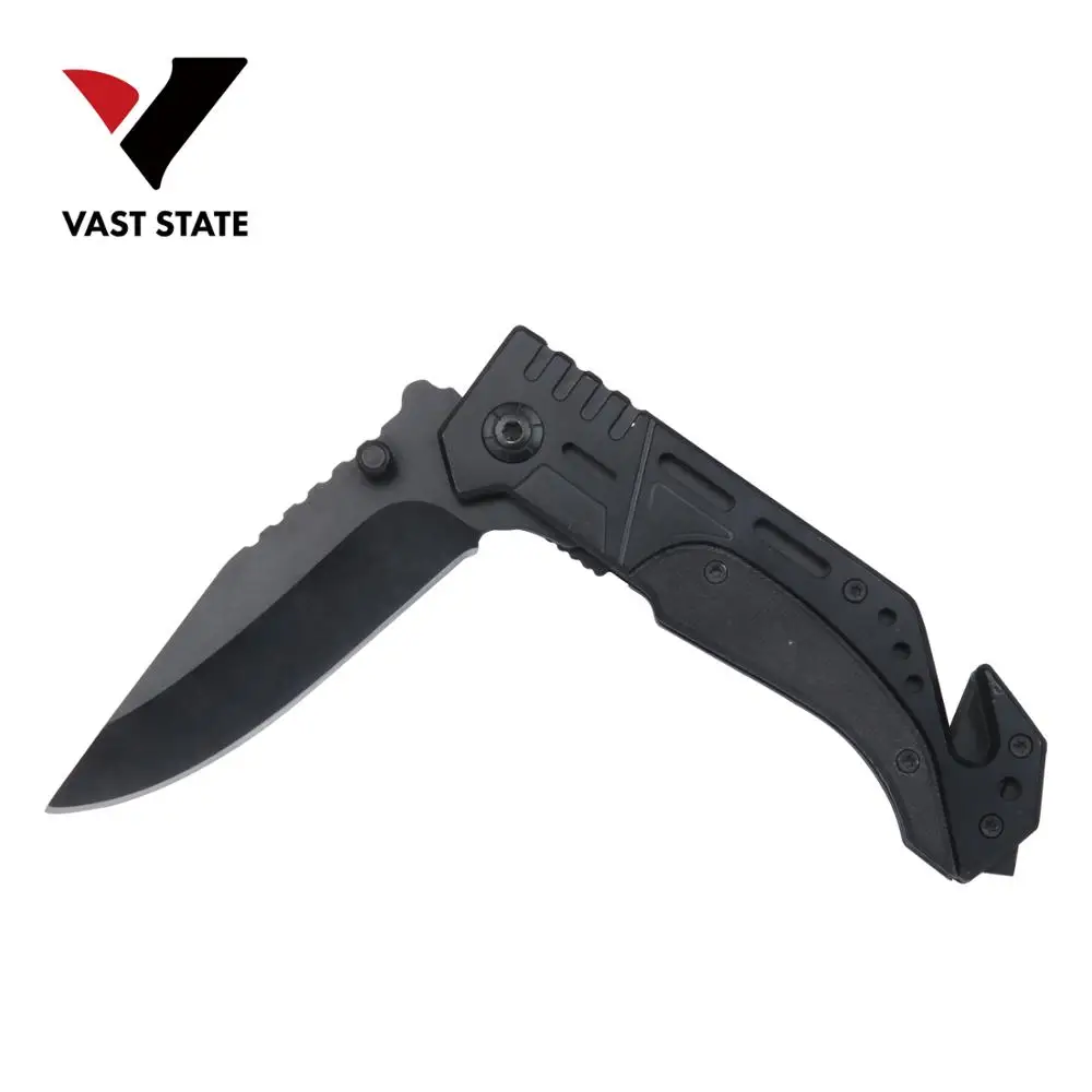 Black Rescue Tactical Folding Knife with Cutter and Glass Breaker