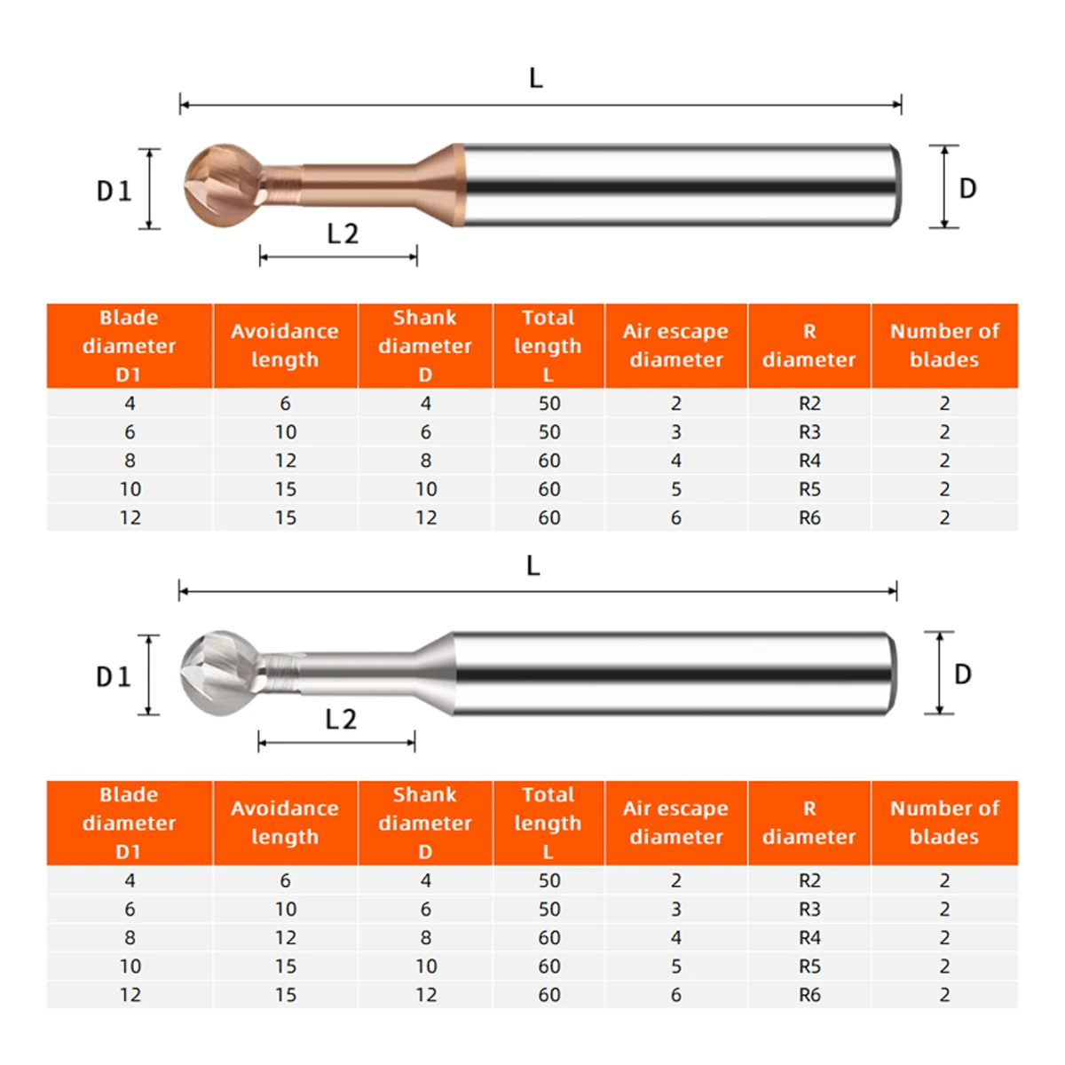 two Flute Lollipop Ball End Mill Tungsten Steel R Carbide Milling Cutter R0.5 1.75 2.5 3 4 Carbide Milling Cutter cutting tool