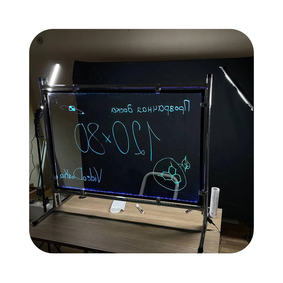 White Board (Illuminated Flip Chart) for Children/Adults, Desktop Type, Transparent Glass + Metal Frame, Custom Logo & Design