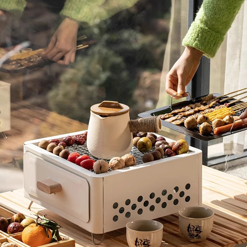 Square Camping Barbecue Stove Outdoor Portable Charcoal Smokeless Picnic Grills Stove Mini Camp Backyard Pot Enamel Baking Pan